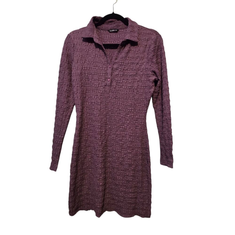 Zudio Crinkle Stretch Bodycon Dress Womens MED Plum Collar Henley Minimalist